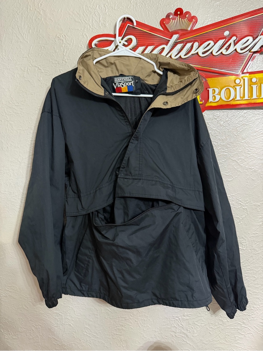 Via Sport Men’s Black Windbreaker Jacket with Tan Lined Hood